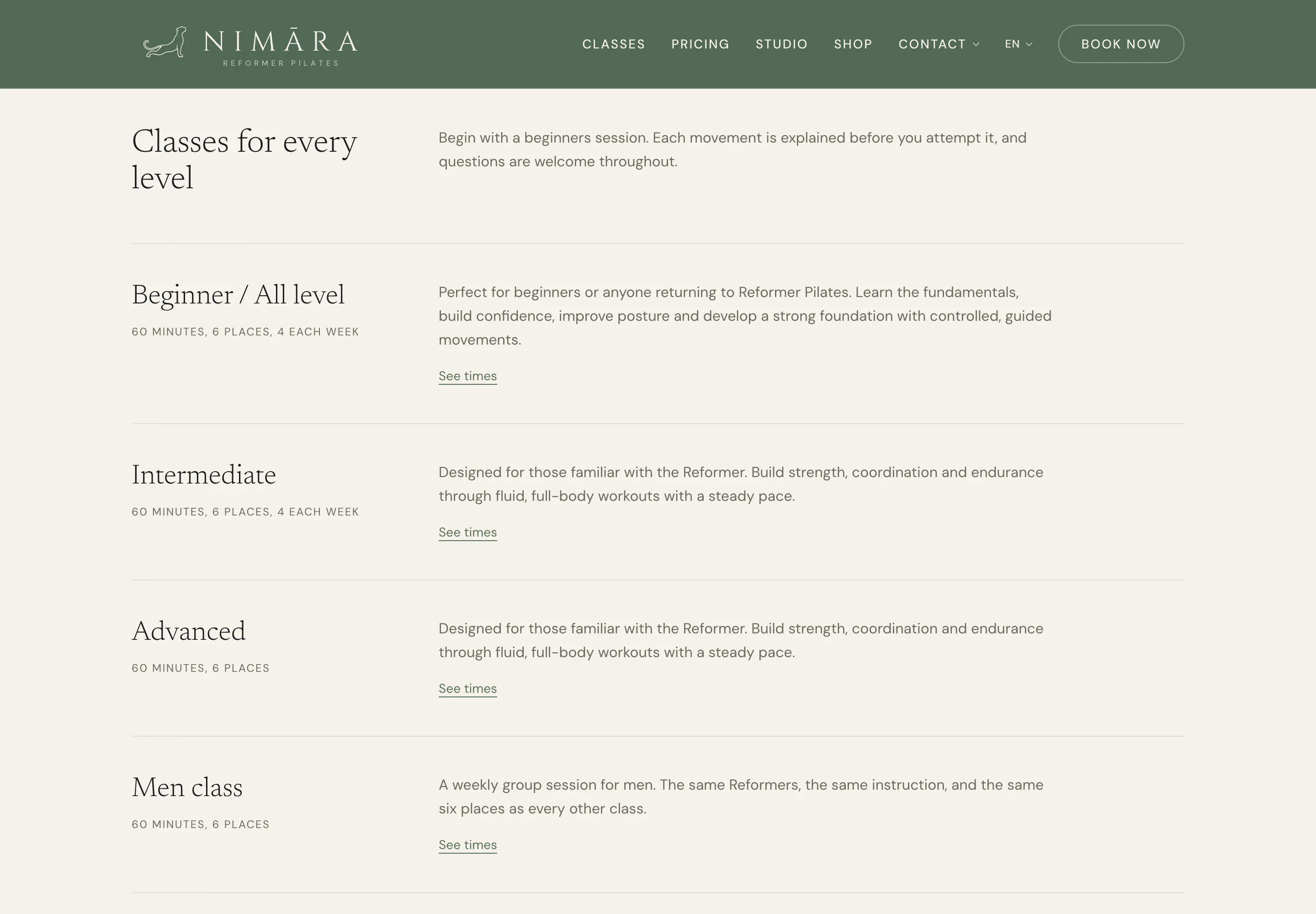 The Nimāra classes page, showing the programme