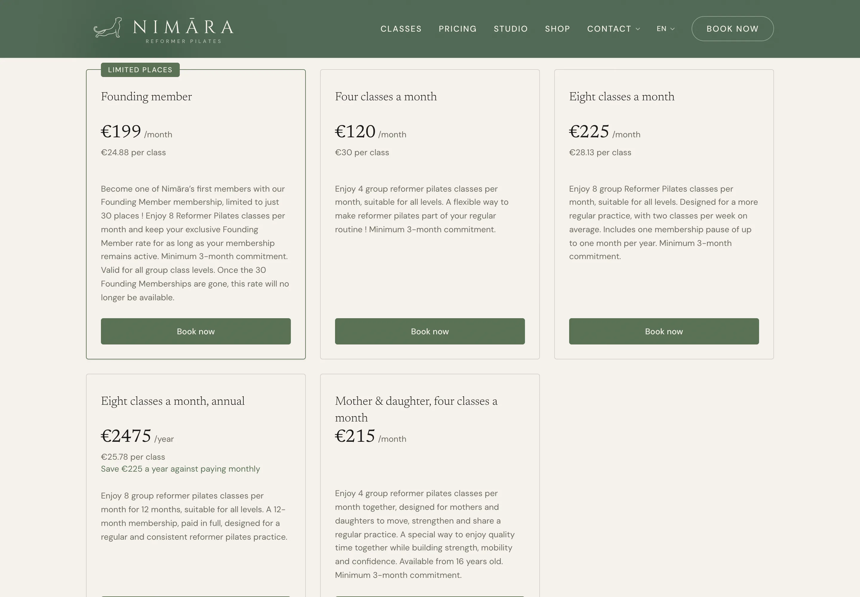 The Nimāra pricing page, showing packs and memberships