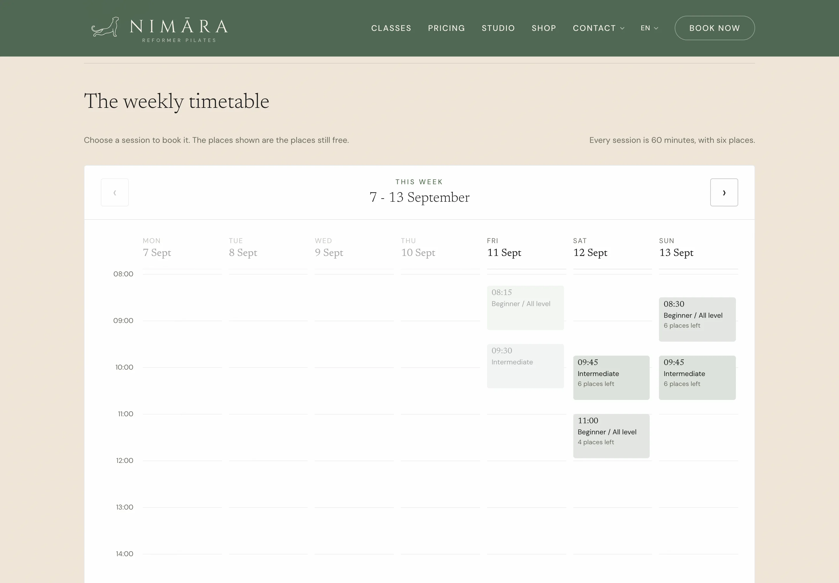 The Nimāra timetable, showing the week with places remaining against each class