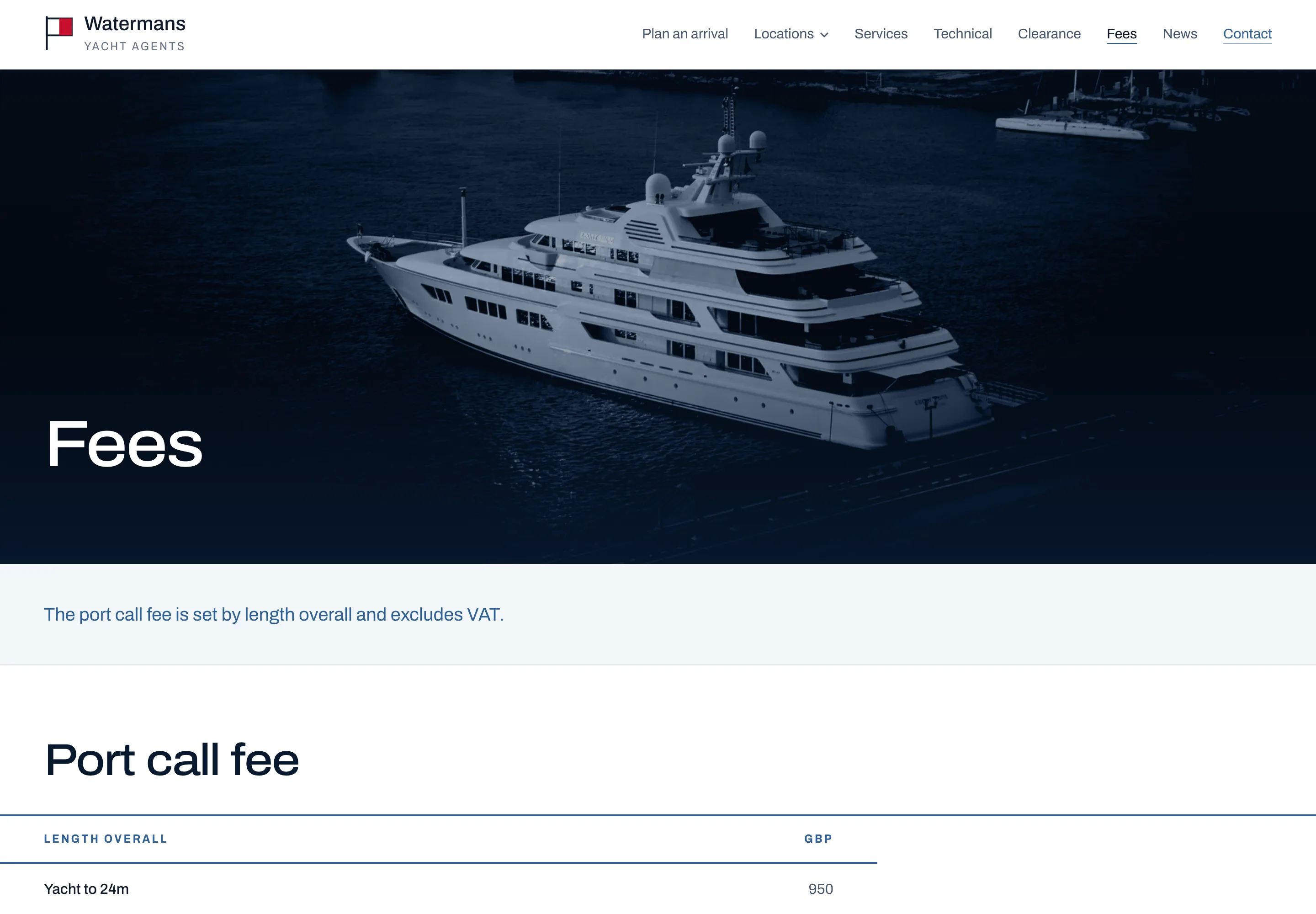 The Watermans fees page with its duotone hero and the port call fee table