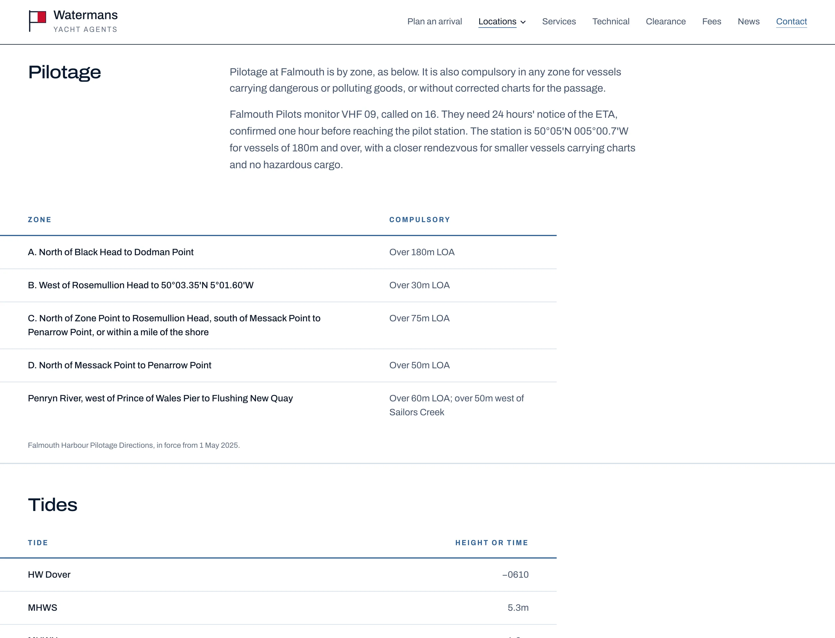 The Falmouth port page, showing the pilotage notes and the pilotage zone table